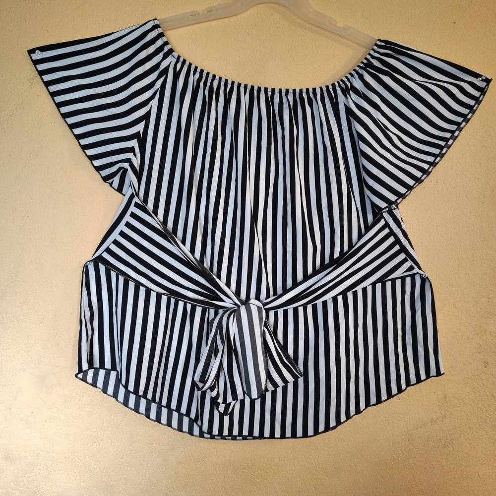 Blue and White Striped Flutter Sleeve Blouse